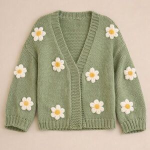 Handmade 3D Daisy green cardigan size small Easter sweater